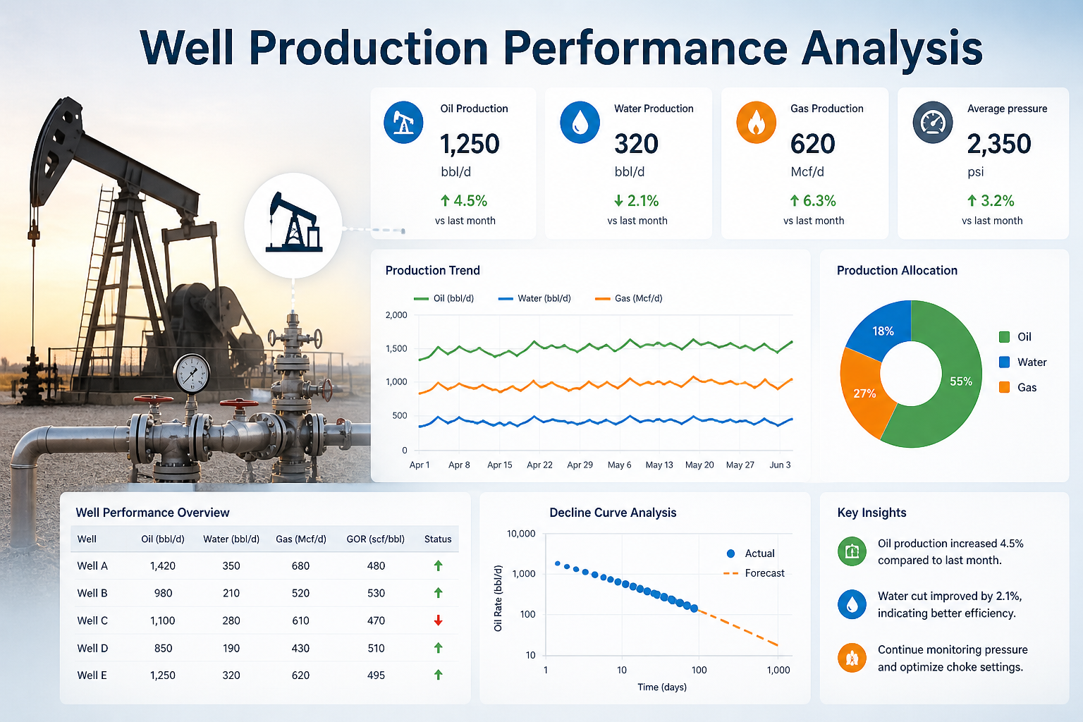 Well production performance analysis illustration.
